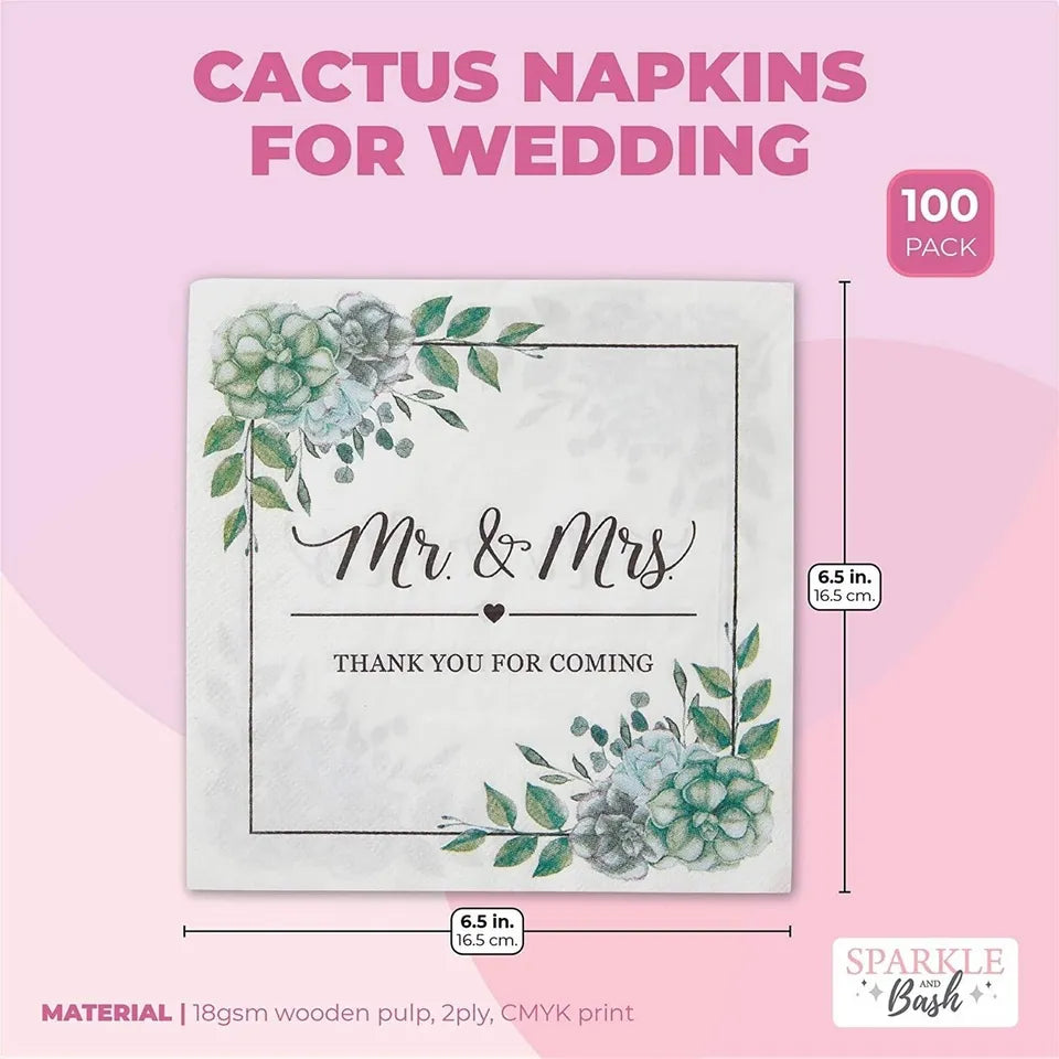 100 Pack 6.5" Mr. and Mrs. Paper Napkins for Wedding