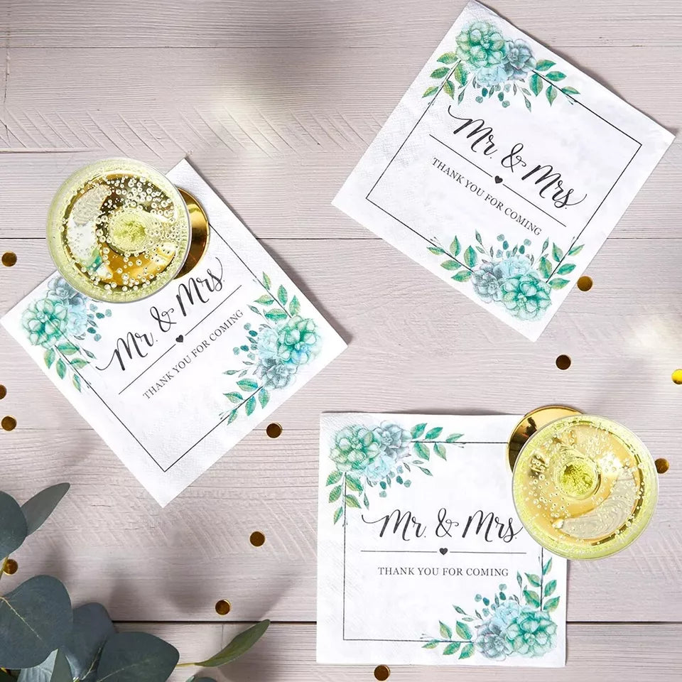 100 Pack 6.5" Mr. and Mrs. Paper Napkins for Wedding
