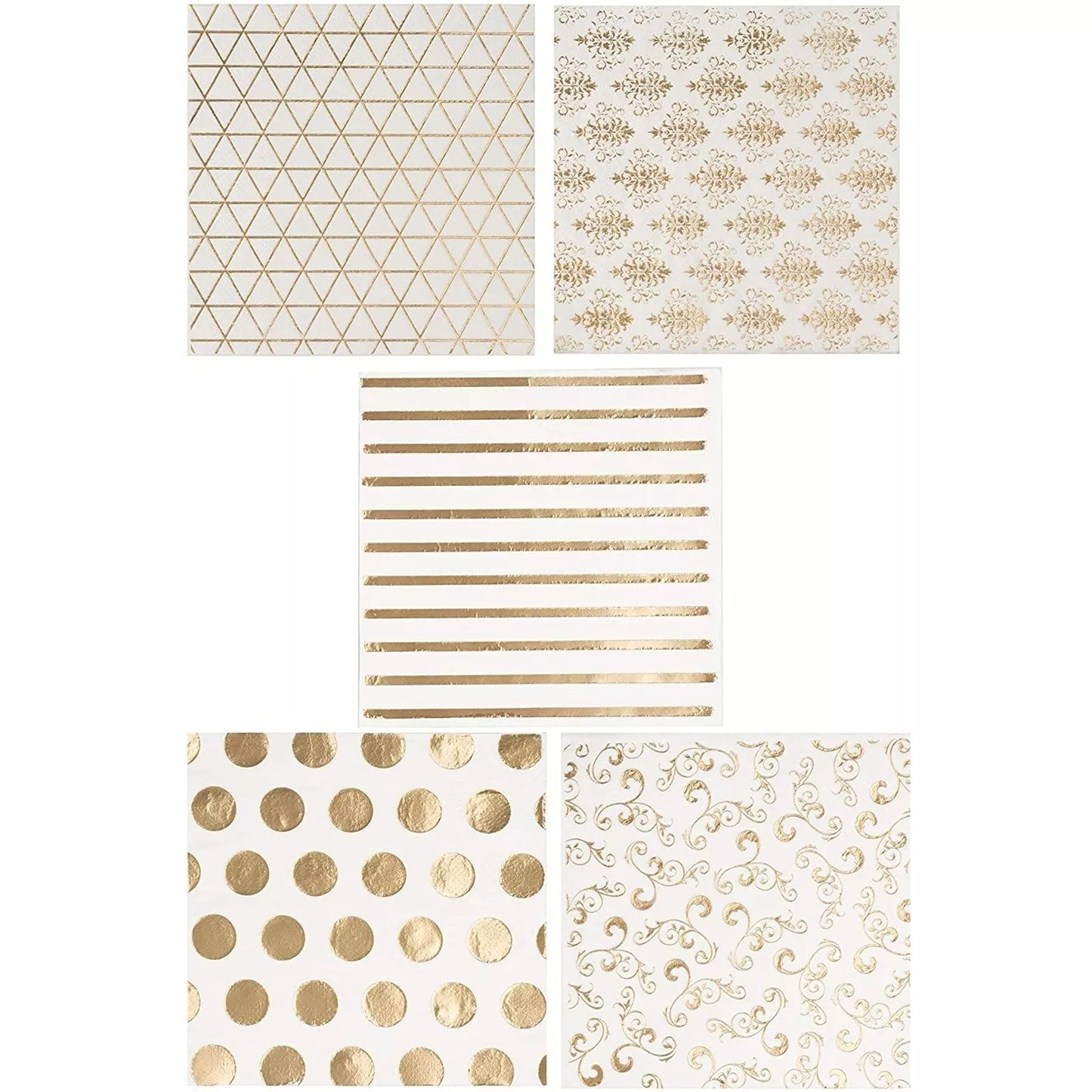 100 White and Gold Cocktail Napkins - 5 in, Disposable Party Napkins