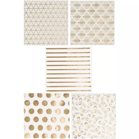 100 White and Gold Cocktail Napkins - 5 in, Disposable Party Napkins