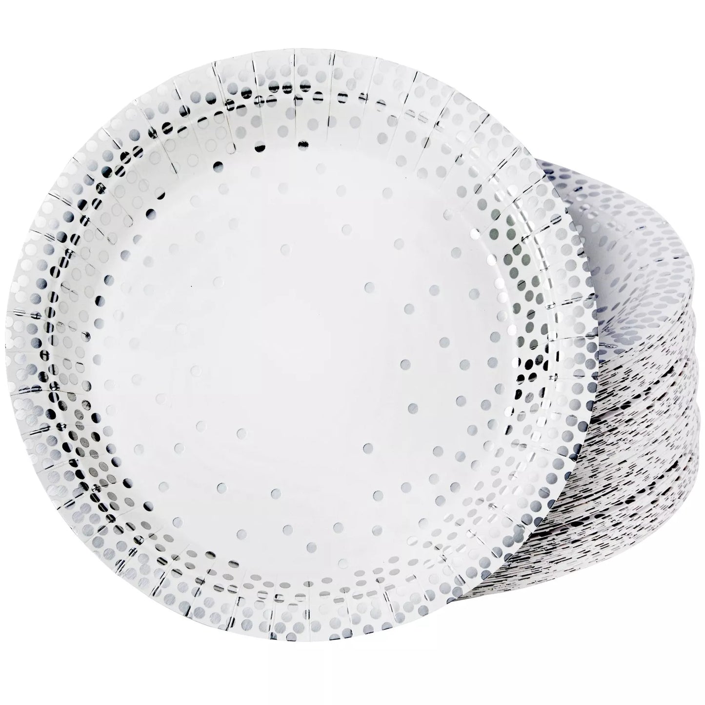 48 Pack Metallic Silver Party Plates with Confetti Foil Polka Dots, 9 In