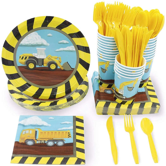 24 Set Kids Construction Birthday Party Plates Knives Spoons Forks Cups Napkins