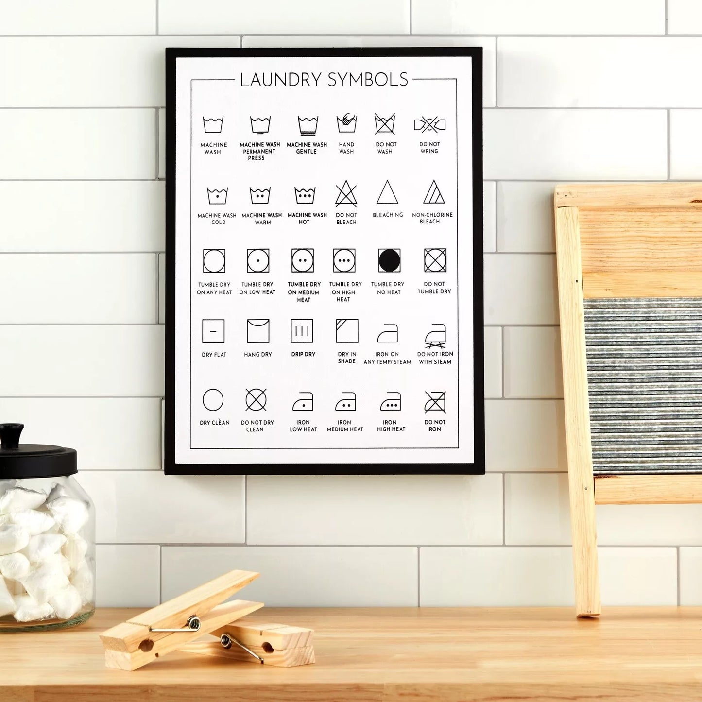 Framed Laundry Symbols Wall Art Sign, Wood Care Guide Poster