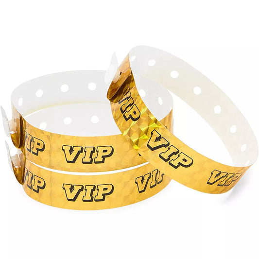 100-Pack Gold Holographic VIP Wristbands - Plastic Bracelets, 9.75 x 0.65 Inches