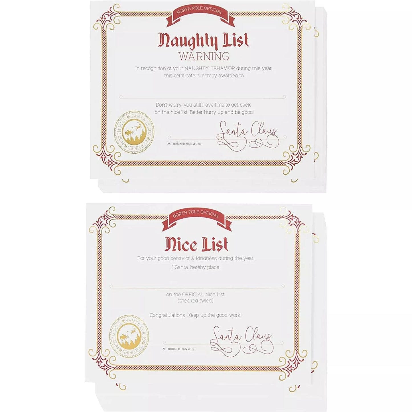 48-Pack Christmas Nice and Naughty List Certificates