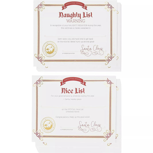 48-Pack Christmas Nice and Naughty List Certificates