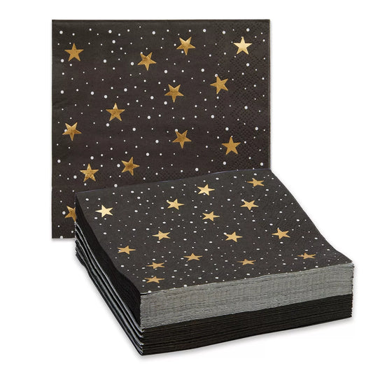 50 Pack Cocktail Disposable Paper Star Napkins, Black Gold Foil Stars, 5 In