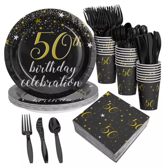 144-Piece 50th Birthday Party Supplies Set with Plates, Napkins, Cups, and Cutlery