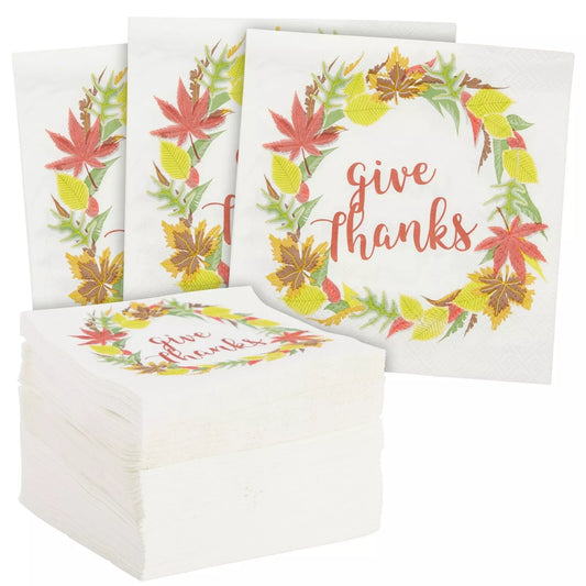 100 Pack Give Thanks White Paper Napkins for Dinner, Luncheon, 5 x 5 In