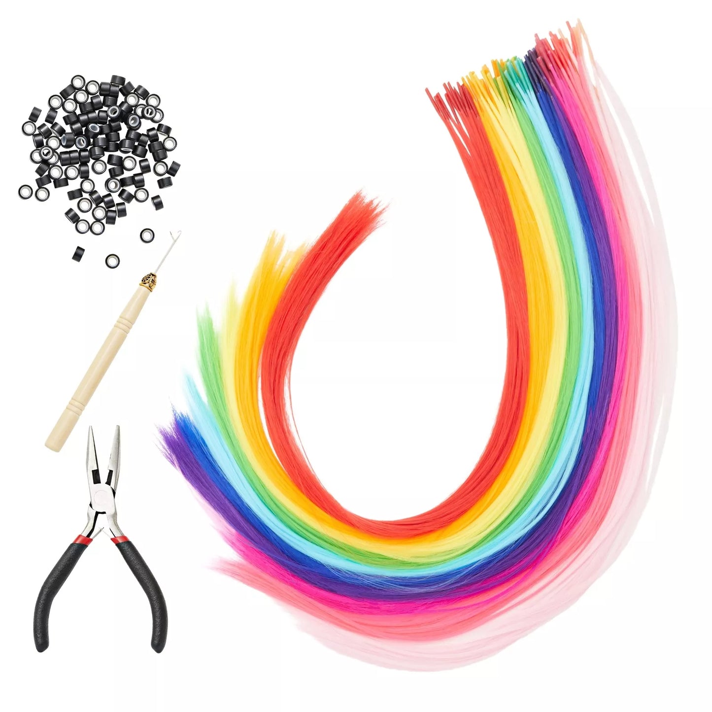 Colored Hair Extensions Kit with Tools, 100 Strands, 10 Rainbow Colors, 20 in