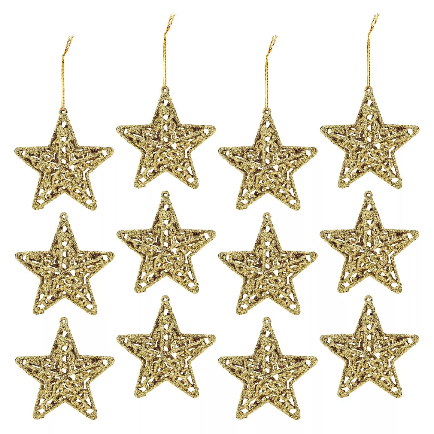 12-Pack 3D Glitter Gold Star Ornaments Christmas Tree