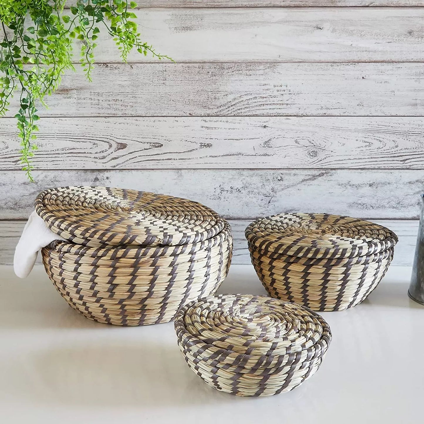 Decorative Seagrass Storage Baskets Round Woven, 3 Sizes