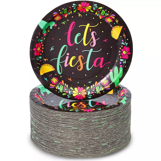 80 Pack Black Party Favors Paper Plates for Let's Fiesta Cinco de Mayo, 7 in