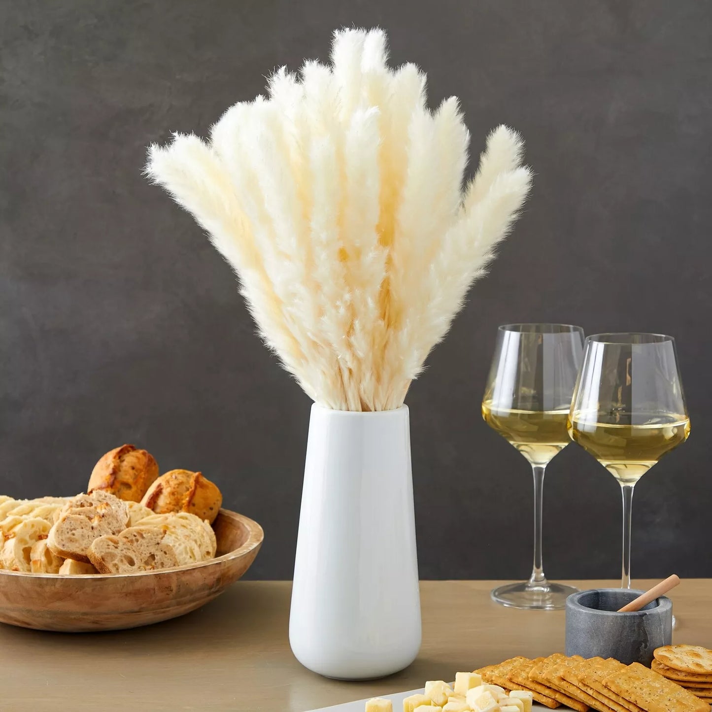 40-Pack Dried White Pampas Grass with Ceramic Vase