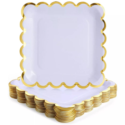 48 Pack Purple Paper Plates - 9 in, Scalloped Gold Border, for Party