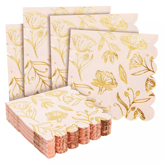 50 Pink Floral Scalloped Cocktail Napkins - 3-Ply, 5 x 5 in