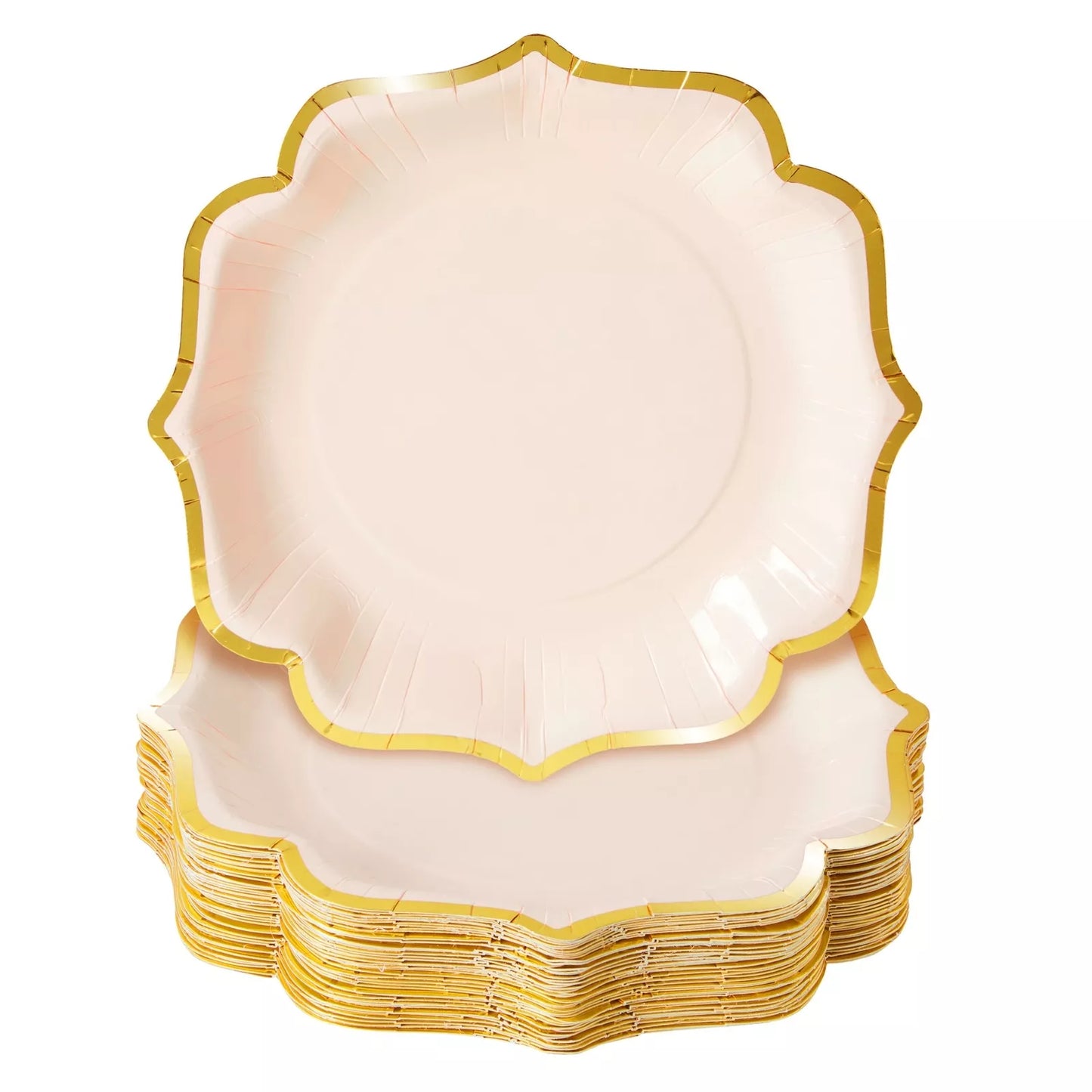 48 Pink Scalloped Paper Plates with Gold Foil Edges - 9 in