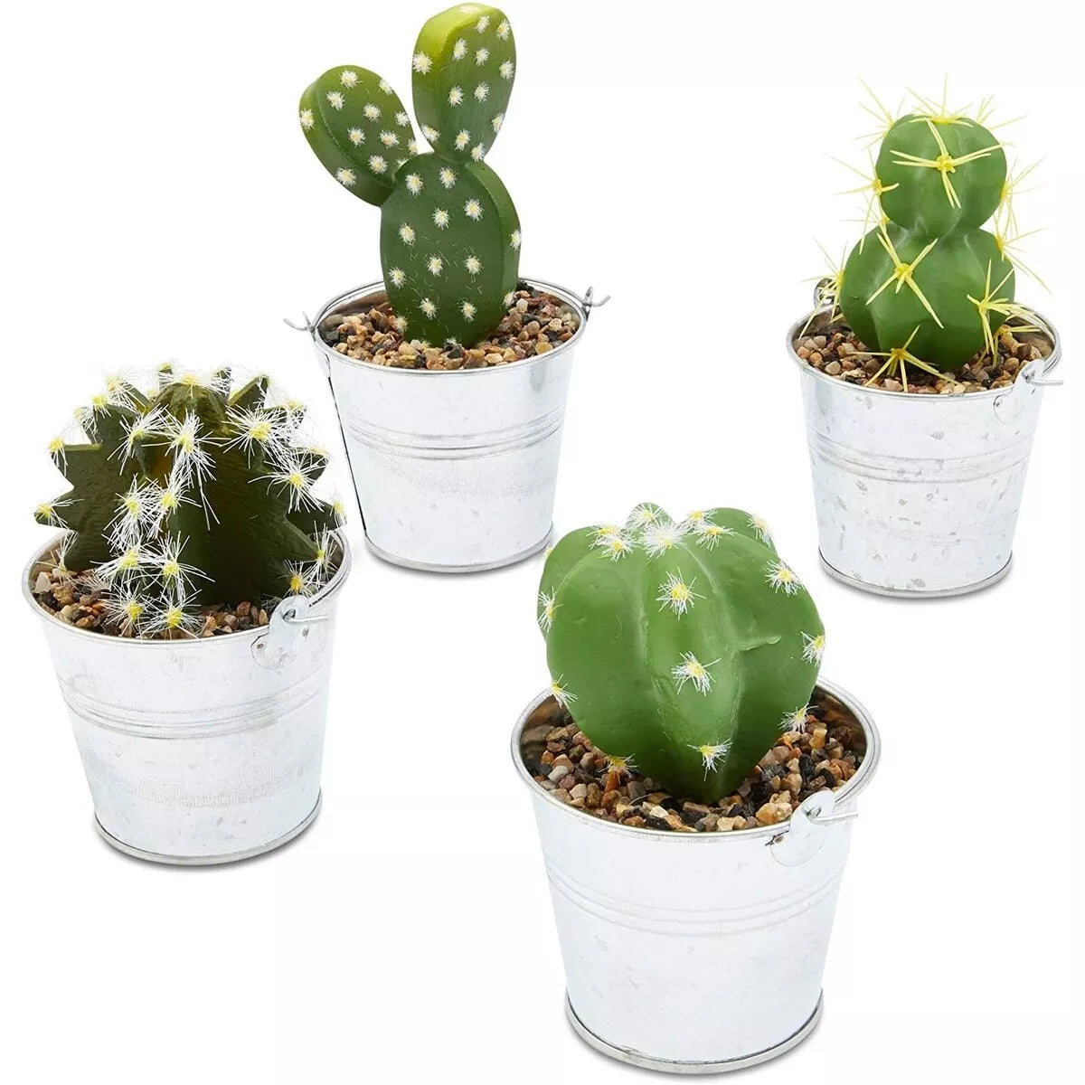 4x Artificial Succulents Cactus Plants with Iron Bucket