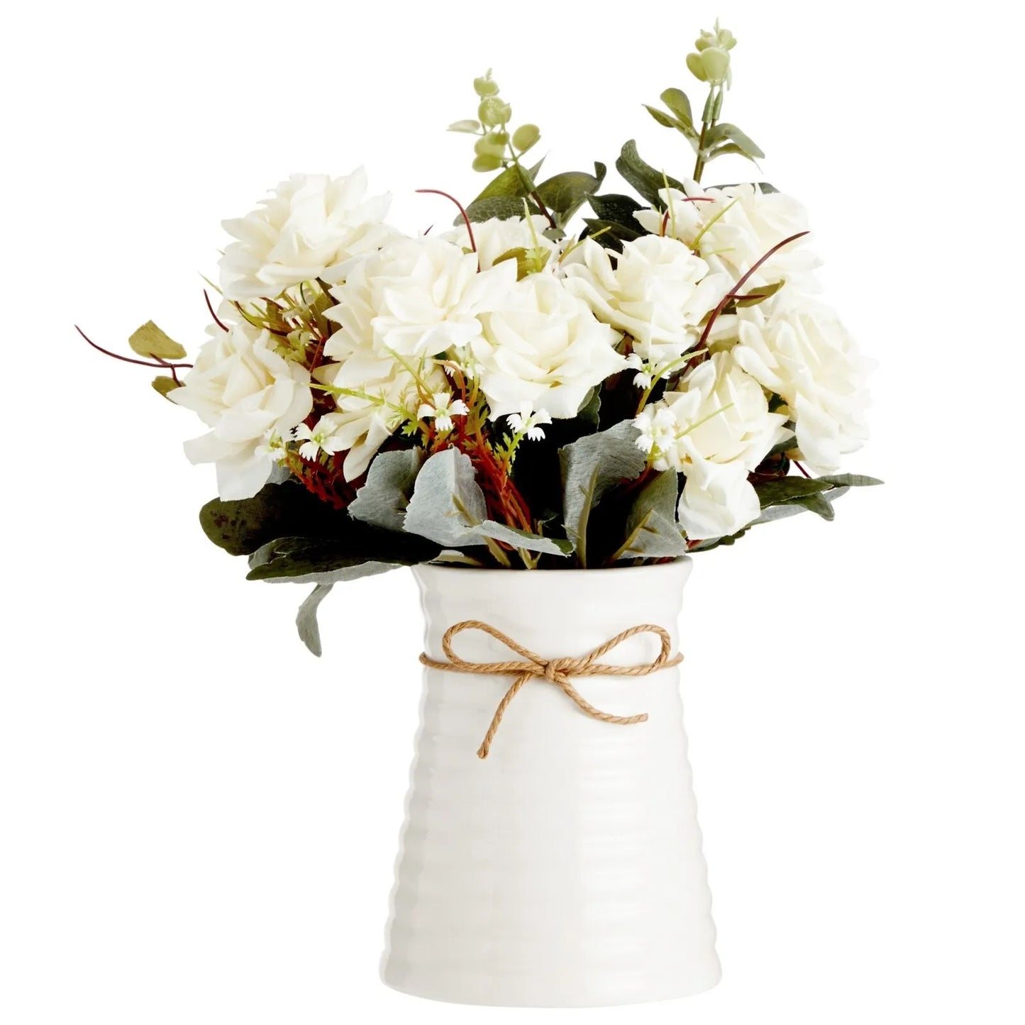 White Rose Artificial Flowers with Ceramic Vase Set of 3