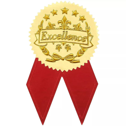 48 Gold Star Certificate Seals with 48 Red Ribbon Stickers