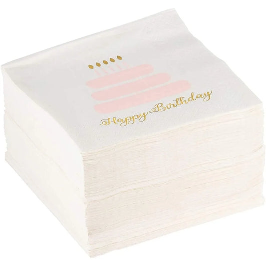 100-Pack Disposable Cocktail Napkins Happy Birthday Cake with Gold Foil Print 5"