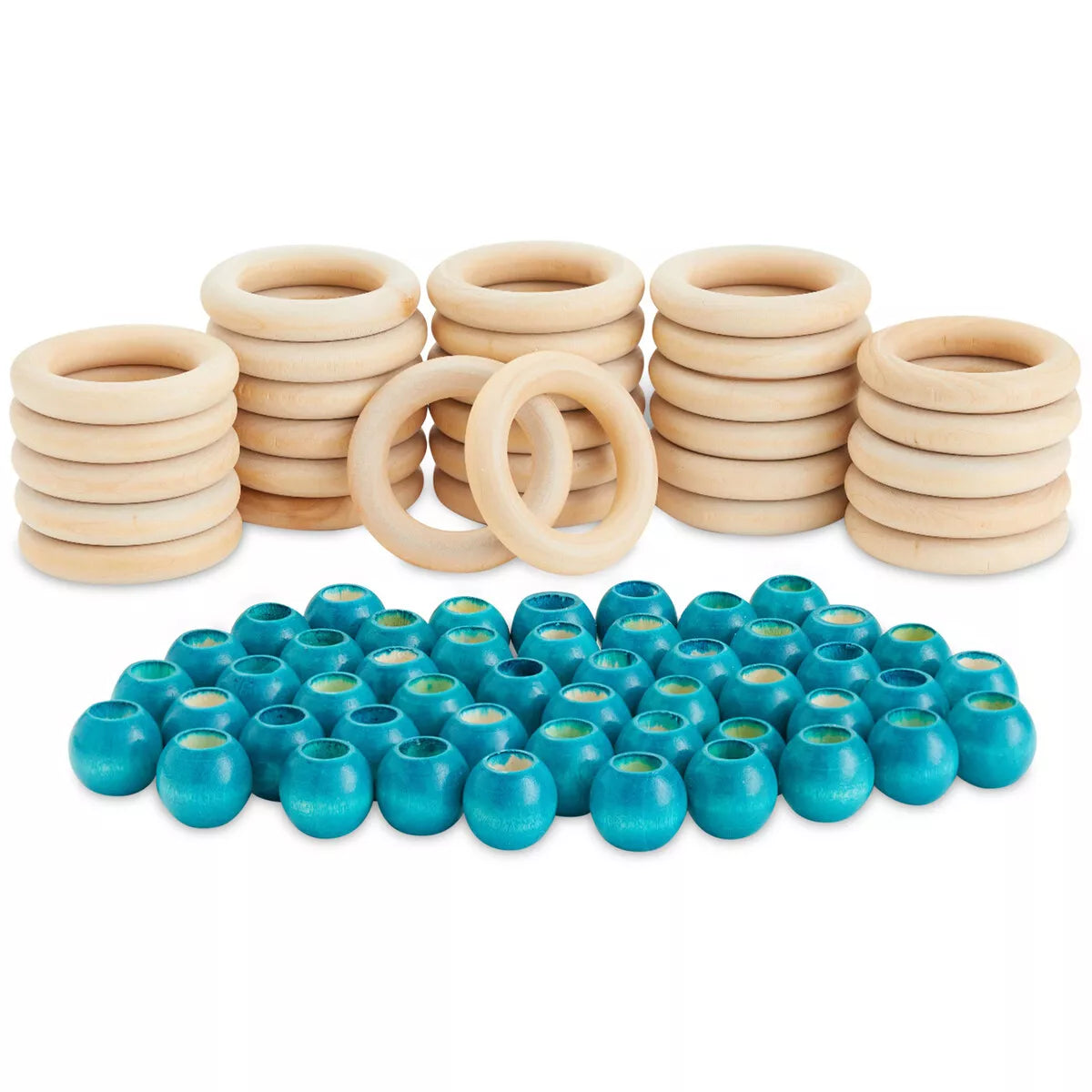 80-Piece Macrame Making Set, Unfinished Teal Wood Beads & Wooden Rings