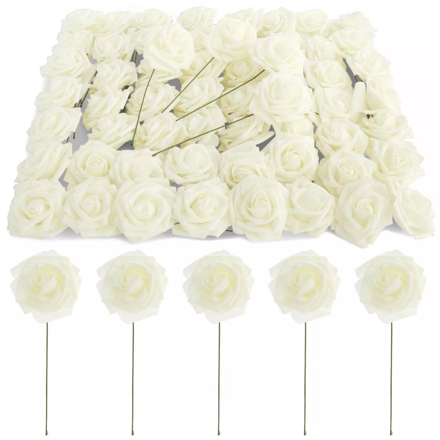 60-Pack Artificial Cream Rose Flower Heads with Stems