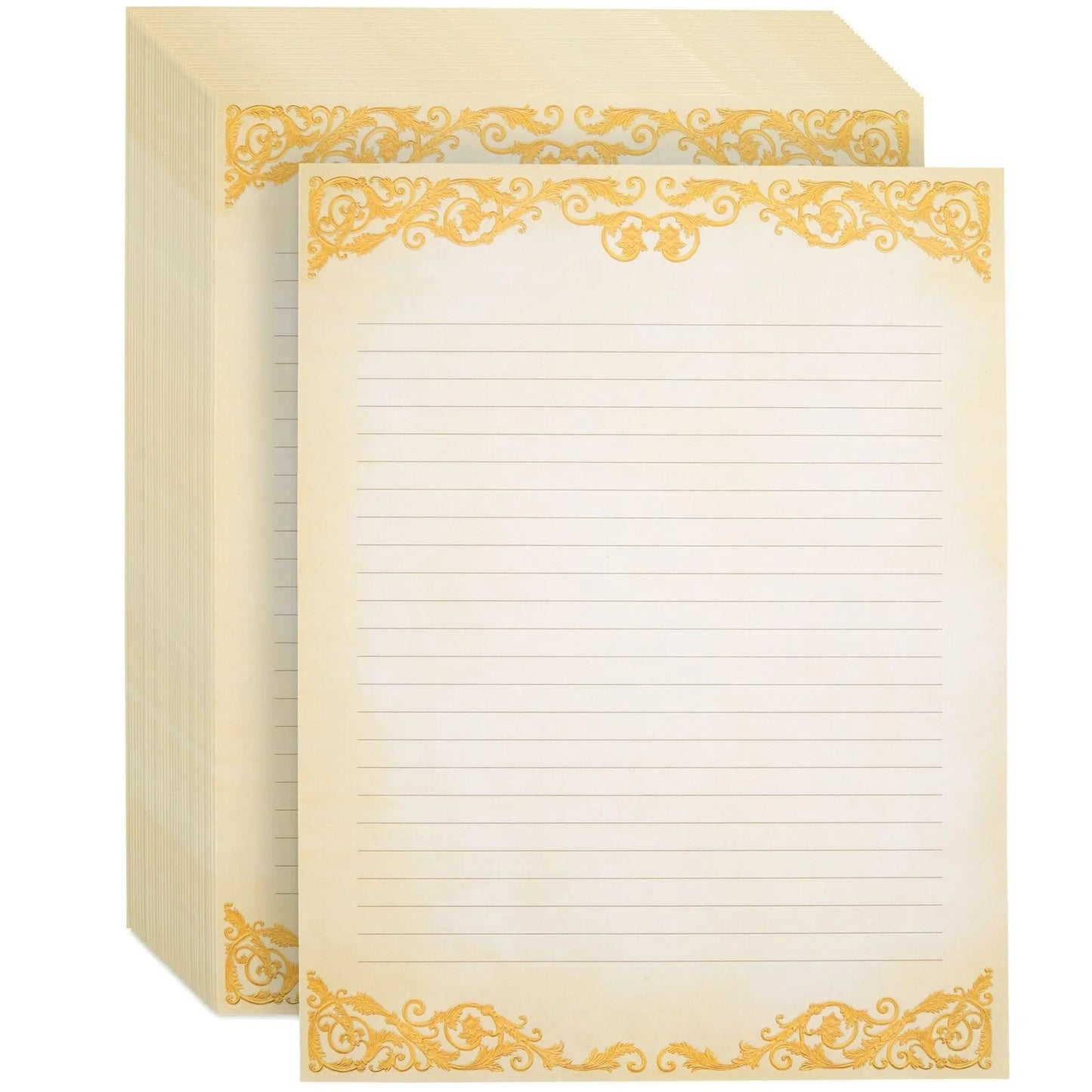 48 Pack Vintage-Style Stationery Paper, Classic Gold Border, 8.5x11"