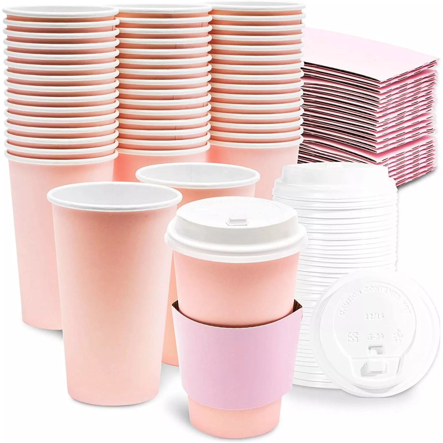 Paper Insulated Coffee Cups with Lids and Sleeves (16 oz, Blush Pink, 48 Pack)