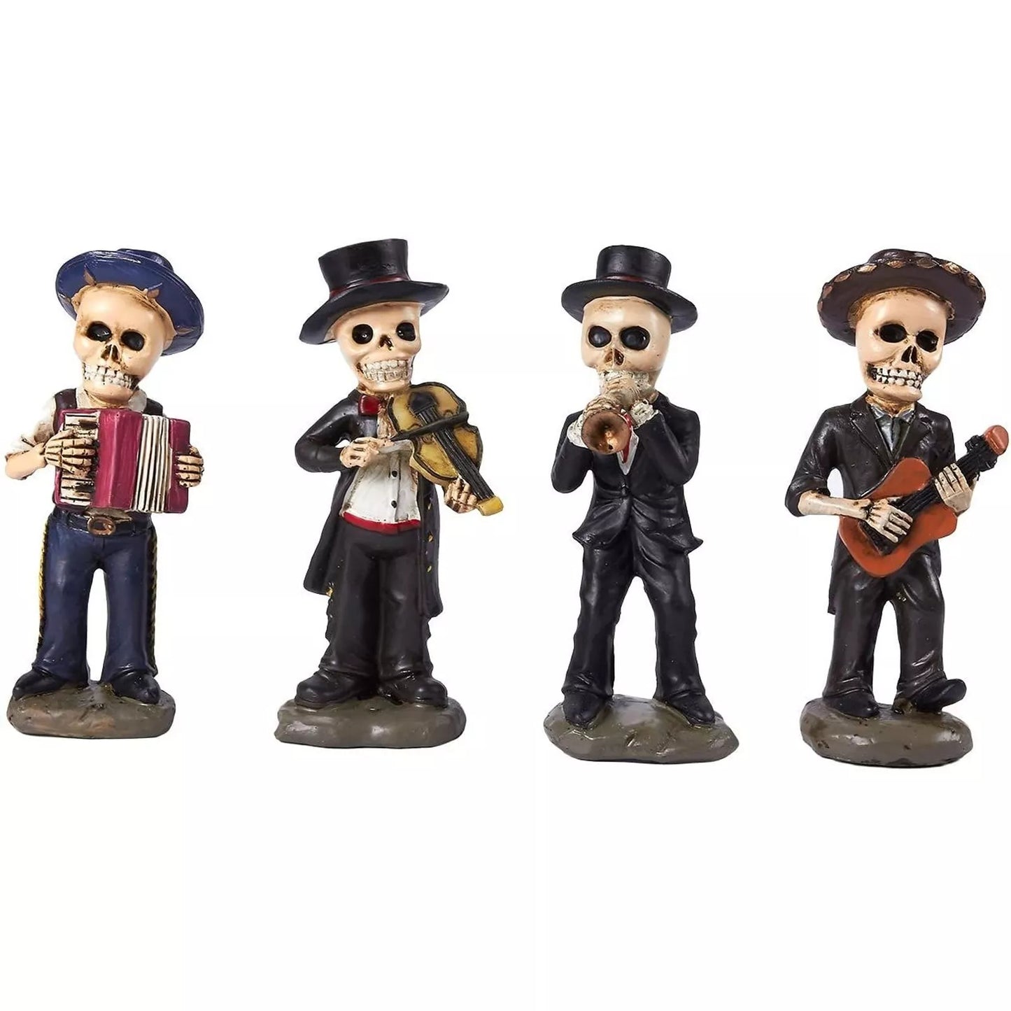 4-Pack 5.5-Inch Skeleton Figurines, Skull Mariachi Band