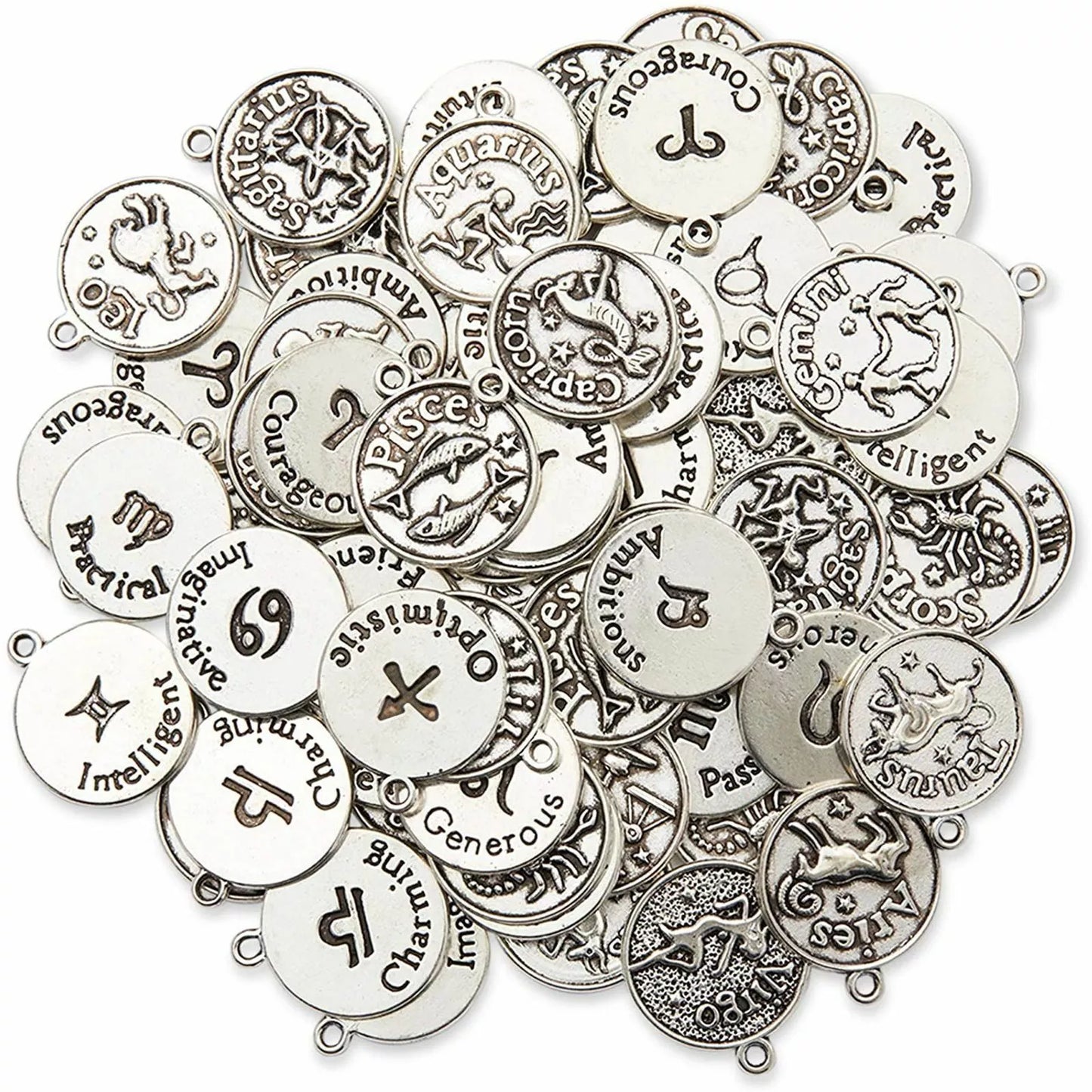 72-Piece Silver Zodiac Sign Charms for Jewelry Making