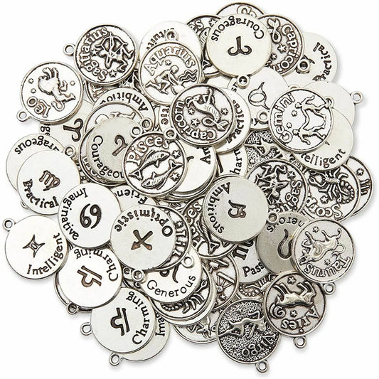 72-Piece Silver Zodiac Sign Charms for Jewelry Making