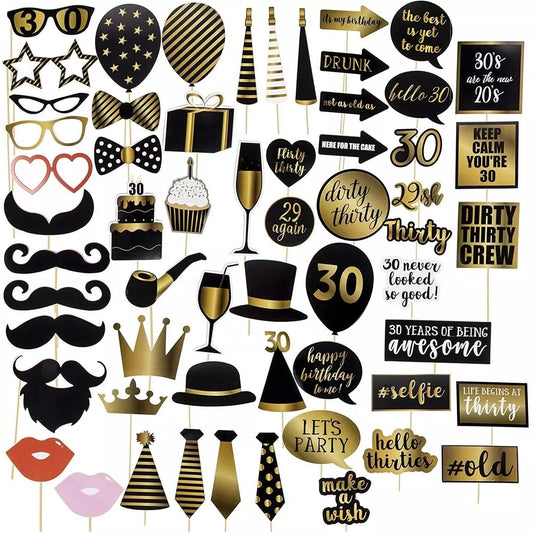 60-Pack 30th Birthday Photo Booth Props, Black and Gold Party Supplies