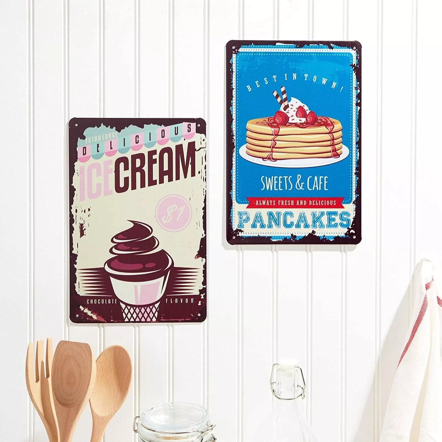 6-Pack Retro Metal Kitchen Signs, Vintage Design Wall Art