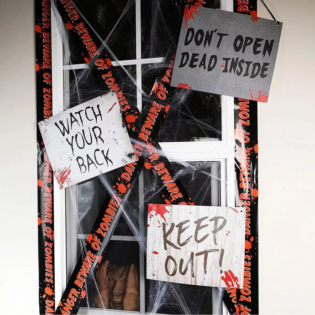 12-Pack Halloween Beware Signs with Rope