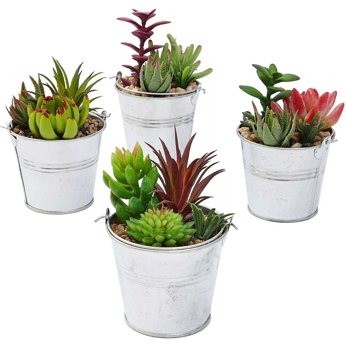 4 Artificial Colorful Succulents in Iron Buckets 6.5 Inch