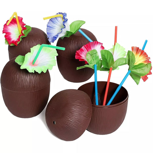 12 Plastic Coconut Cup with Straws Flowers for Hawaiian Luau Party Drink, 16 Oz