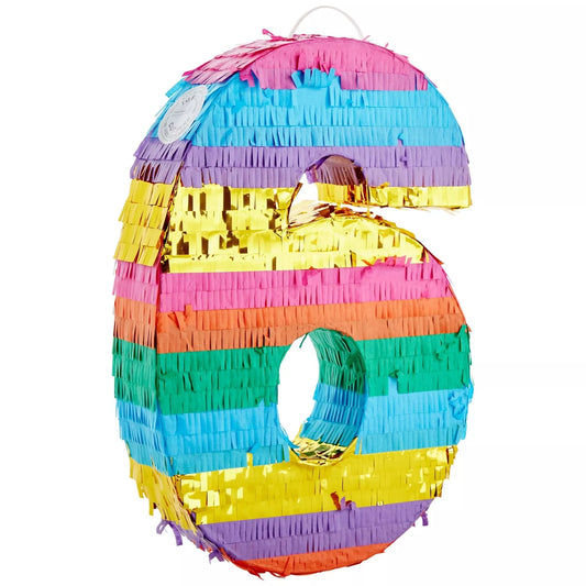 Small Rainbow Number 6 Pinata for 6th Birthday Party Supplies, 11 x 16.5 x 3 In