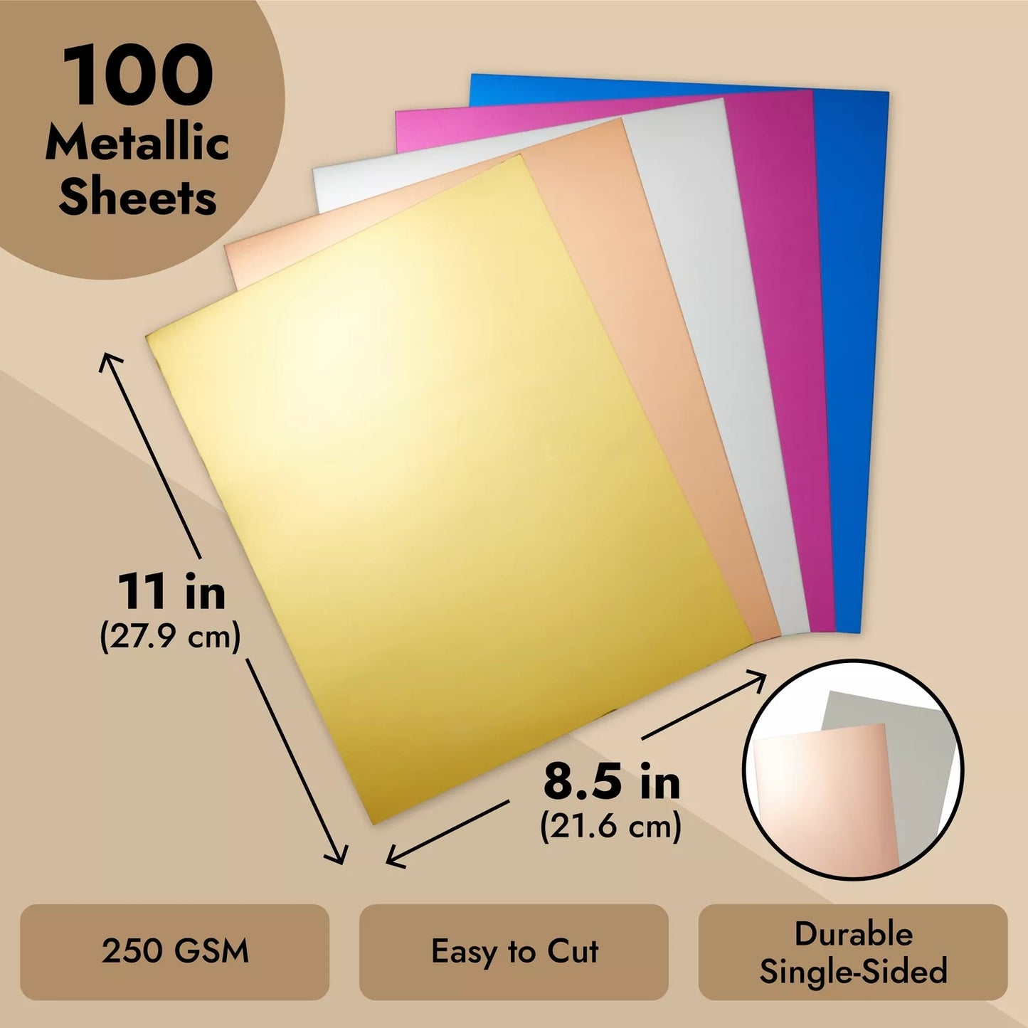 100 Sheets Metallic Paper, 5 Colors, 8.5x11 Inch