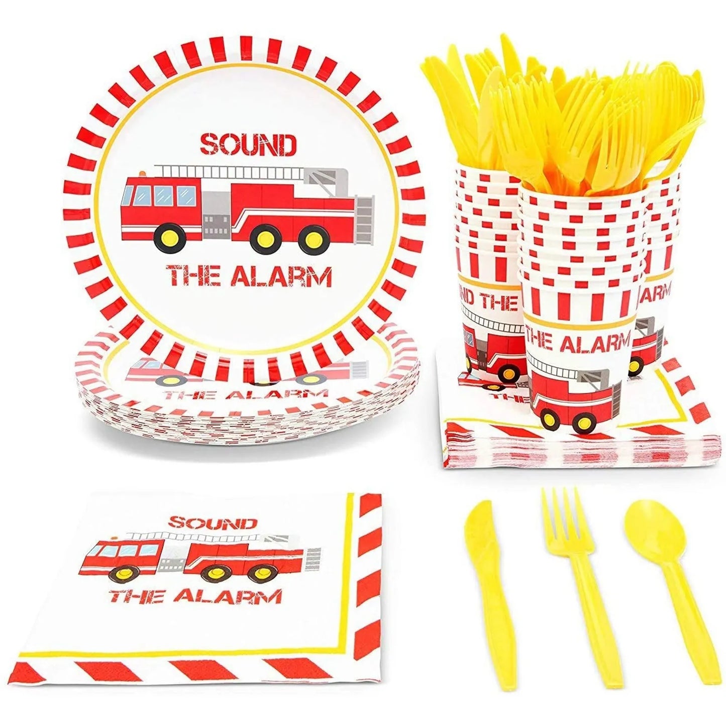 144 Pcs Fire Truck Birthday Party Supplies Disposable Dinnerware Decor Serves 24