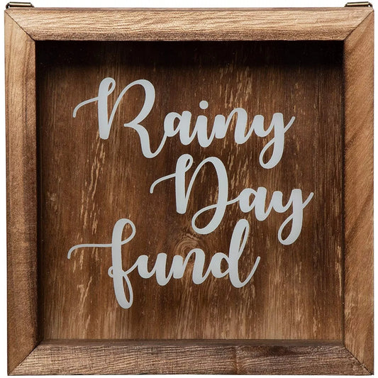 Wooden 'Rainy Day Fund' Shadow Box Bank Piggy Money Saving