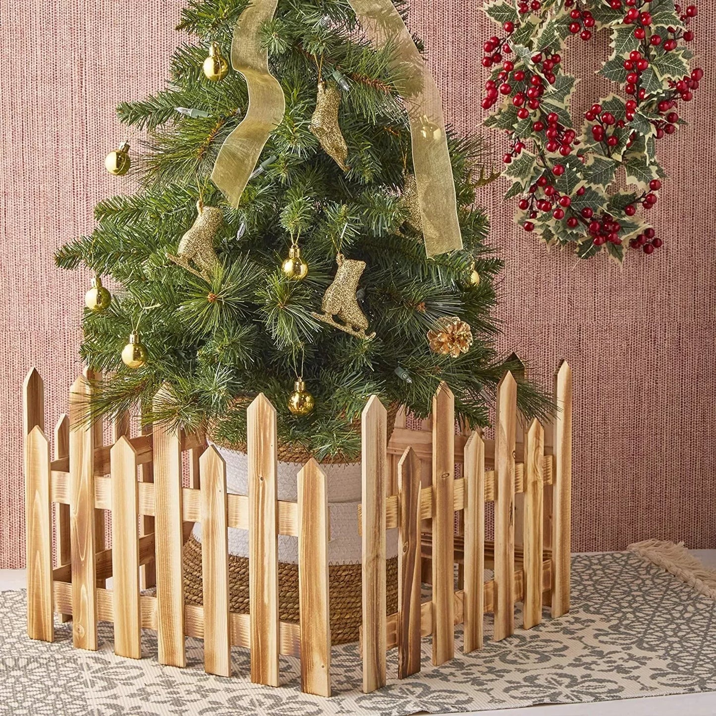 2-Pack Mini Wooden Picket Fence for Christmas Tree