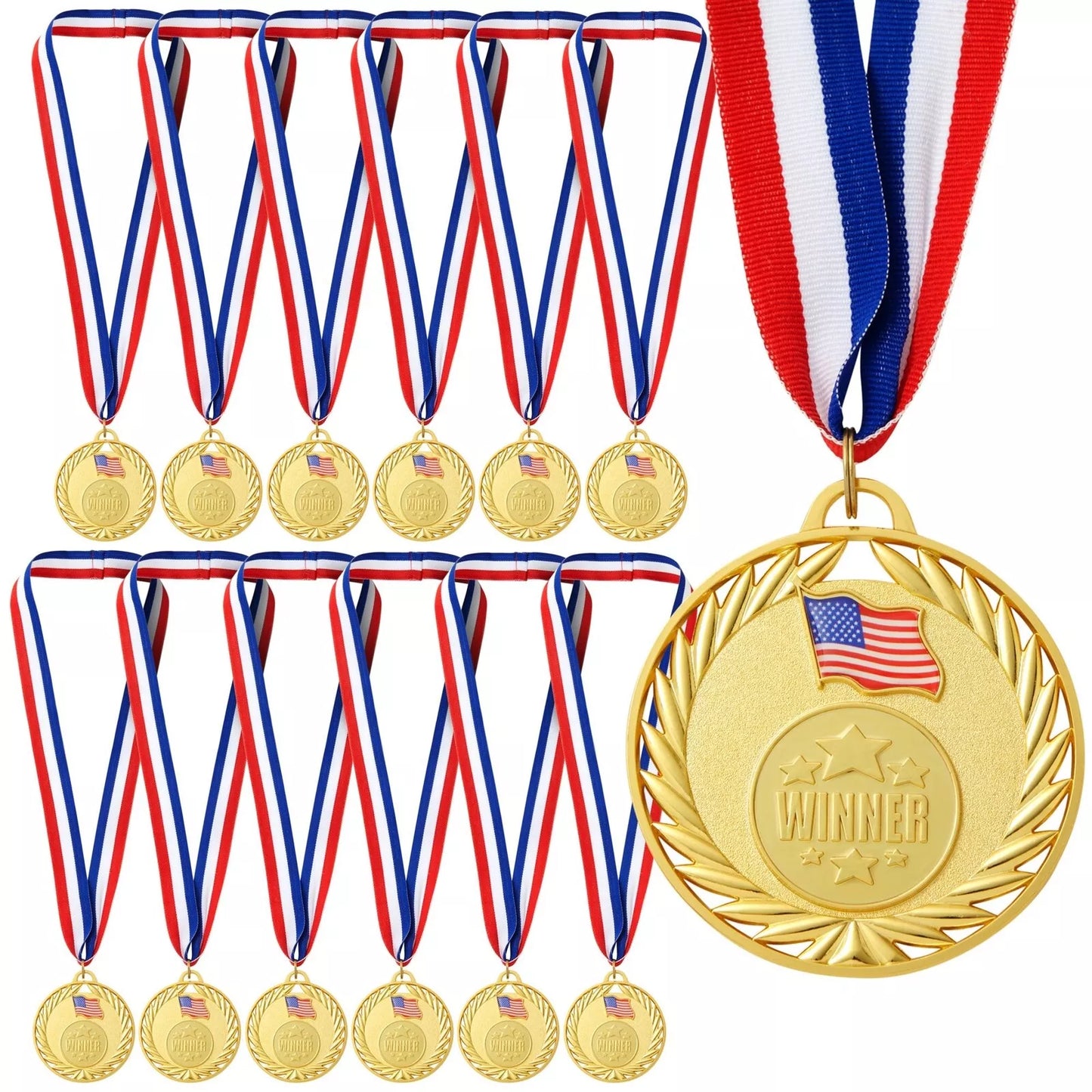 12-Pack Gold Medals - 2.75 Inch Real Metal with Ribbon, for Kids and Adults