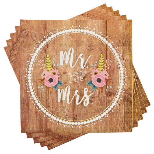 150 Pack Mr. and Mrs. Napkins for Rustic-Style Wedding Decorations, 6.5 x 6.5 In