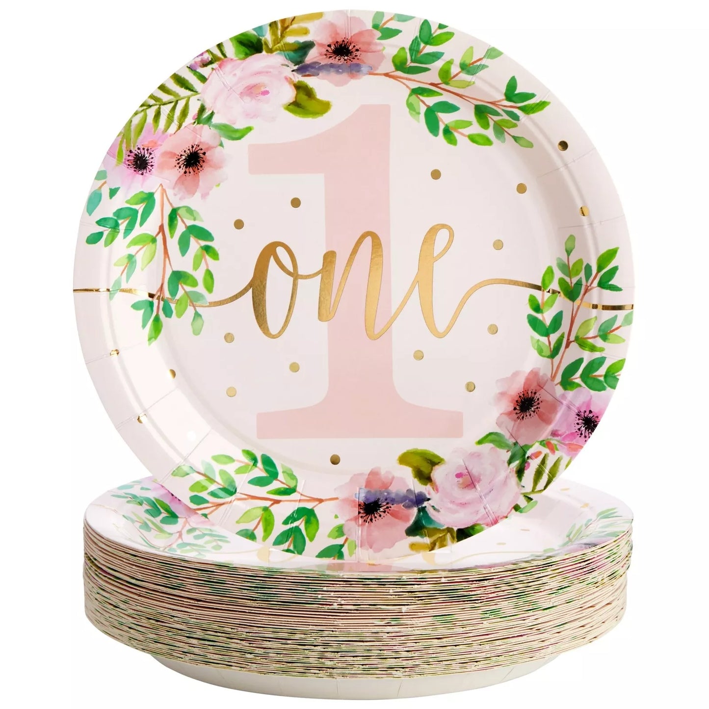 48 Watercolor Floral Paper Plates for Girl Baby First Birthday Party Supplies