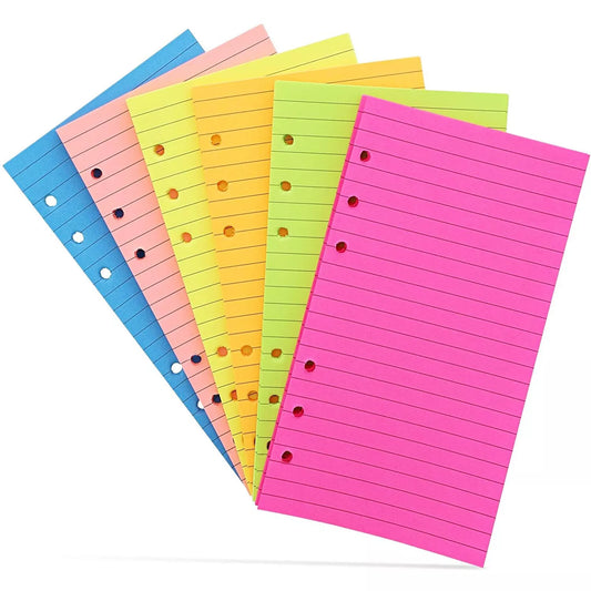 6 Pack 6-Hole Ring Punch Lined Filler Paper - 40 Sheets Each, 6.8 x 3.75", Neon