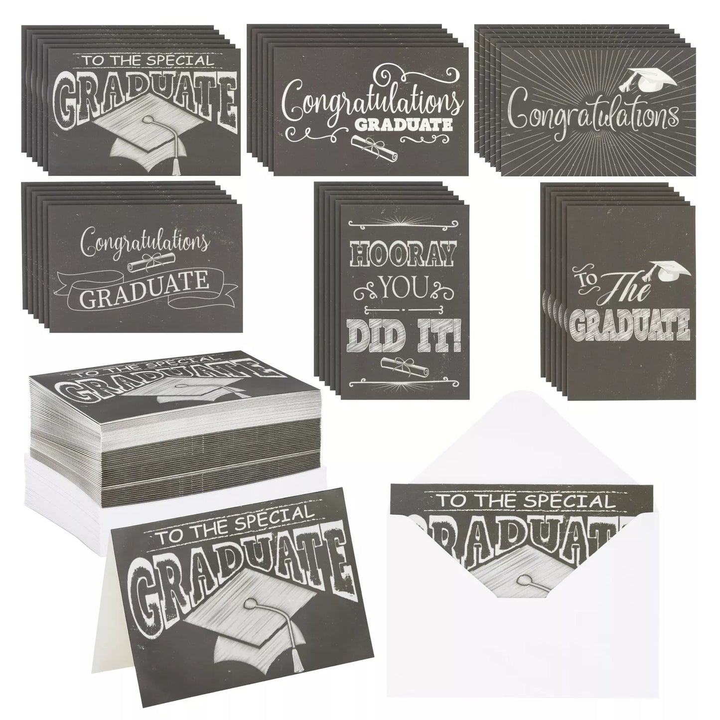 60 Pack Bulk Graduation Cards Set, 6 Assorted Designs, Black and White, 4 x 6 in