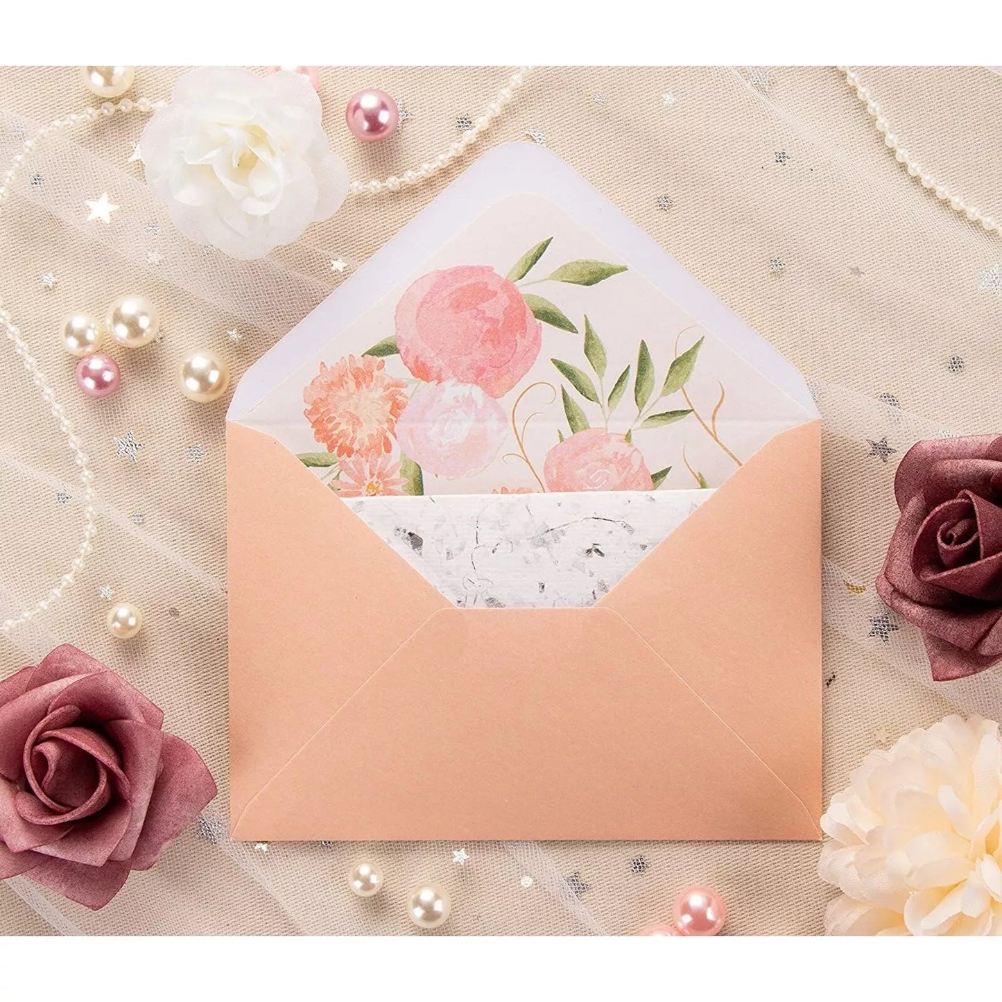 50-Pack Pink Invitation Envelopes with Watercolor Floral Lining