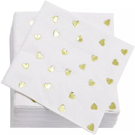 50 Valentine Cocktail Napkins - Gold Foil Hearts, 5 x 5 in