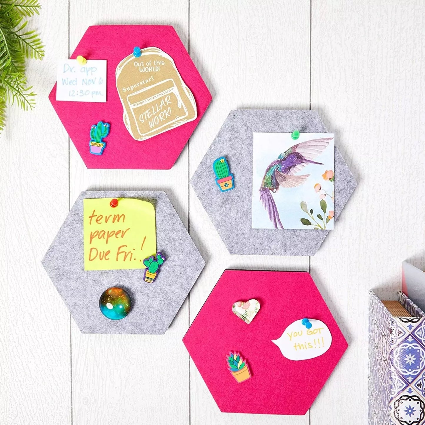 8 Felt Hexagon Bulletin Boards with 10 Push Pins and 20 Adhesives